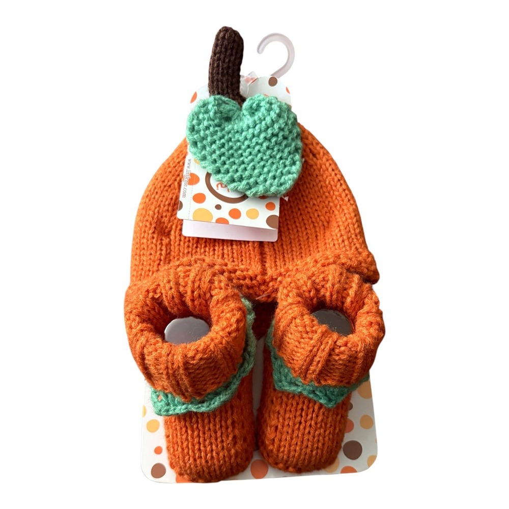 Little Me Baby Pumpkin Hat and Booties Set Orange Knit Fall Halloween 0-6M
